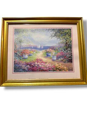 Nora DeBolt 1992 Floral Garden Print Gold Frame 12"x10" Vintage Wall Art